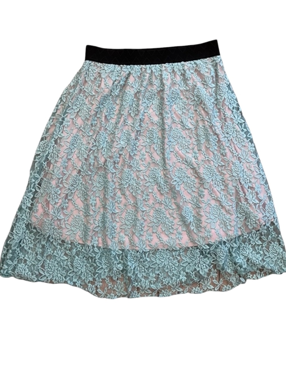 LuLaRoe Lola Lace Midi Skirt Large Soft Aqua Blush Pink Lined Elastic Waist